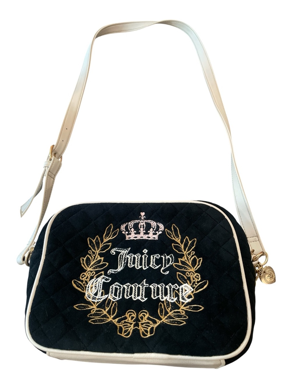 Juicy Couture Black Quilted Crossbody with Cream Strap and Gold Embroidery